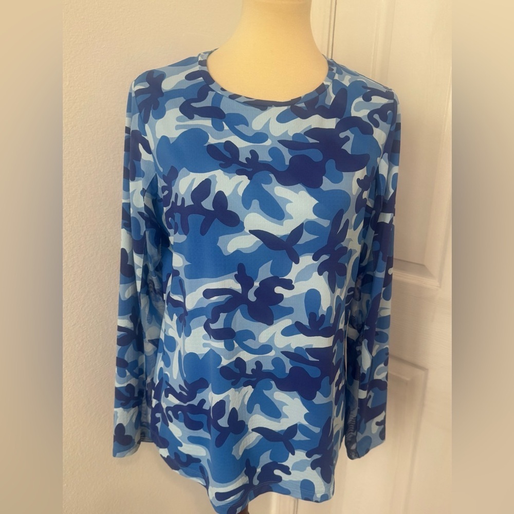 IBKUL UPF 50 CAMO Blue Long Sleeve Golf Tennis Shirt Top Outdoors Size Large